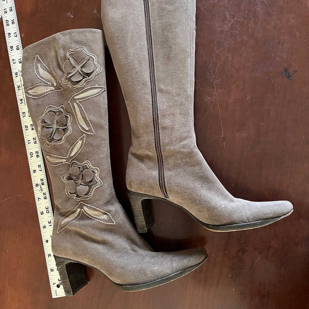 Elegant Taupe Embroidered Knee-High Women's Boots